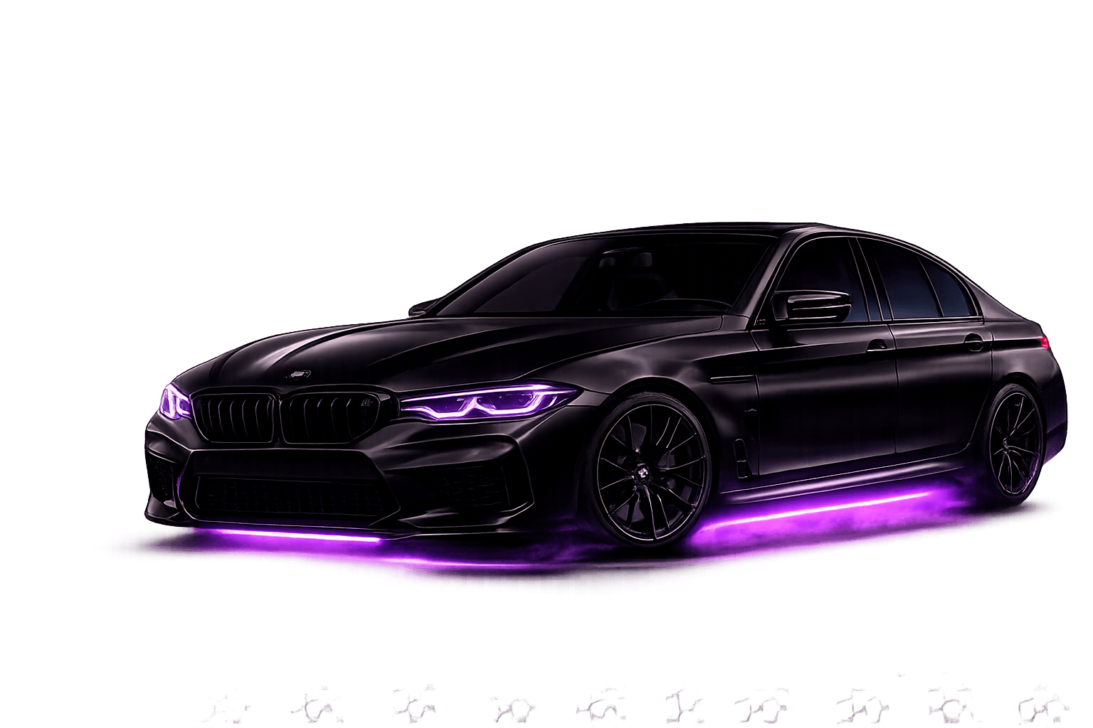 Matte black performance sedan with purple underglow