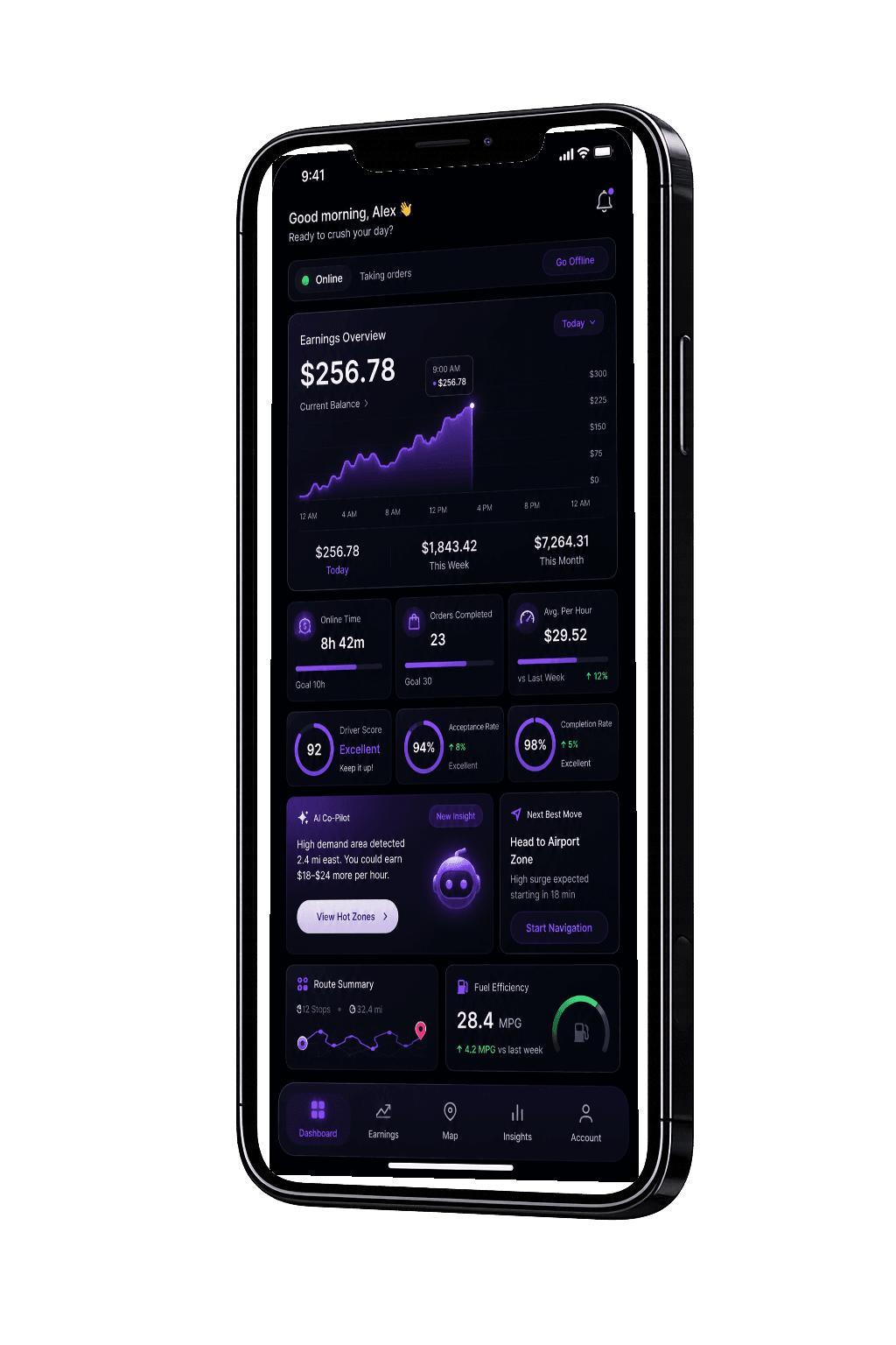 DriversEdge dashboard showing today's earnings, driver score, and AI co-pilot insights