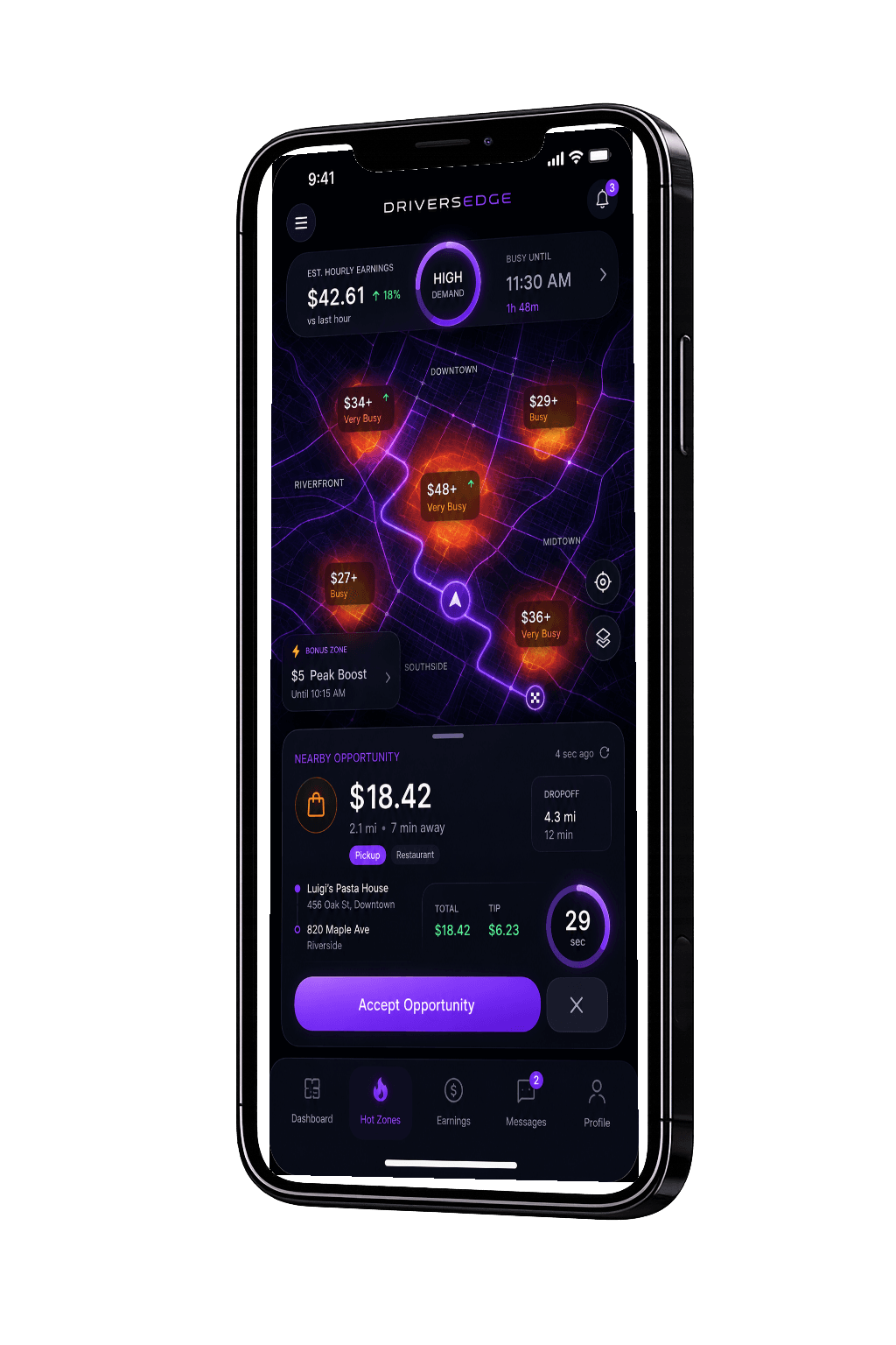 DriversEdge Hot Zones screen with a live demand map and order opportunity
